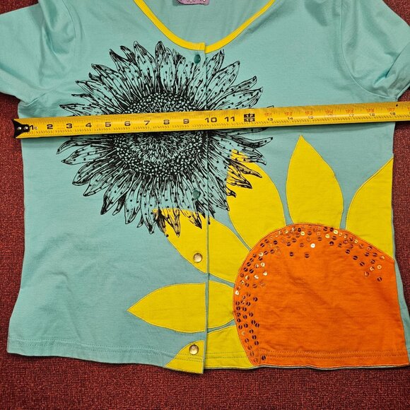 Smitten By Michael Simon Sunflower Print Cardigan M Button Up Beaded Art to Wear - Picture 6 of 8